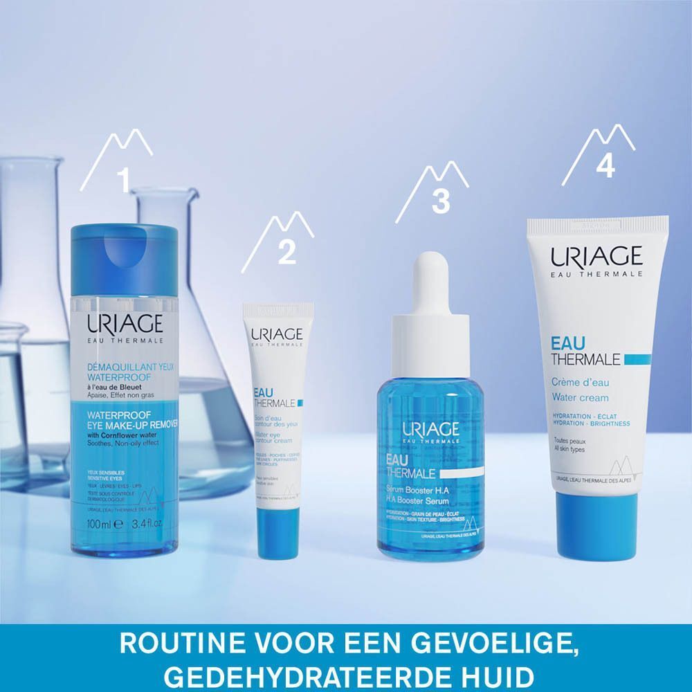 Verschillende Uriage producten. Tekst: Routine voor een gevoelige, gedehydrateerde huid.