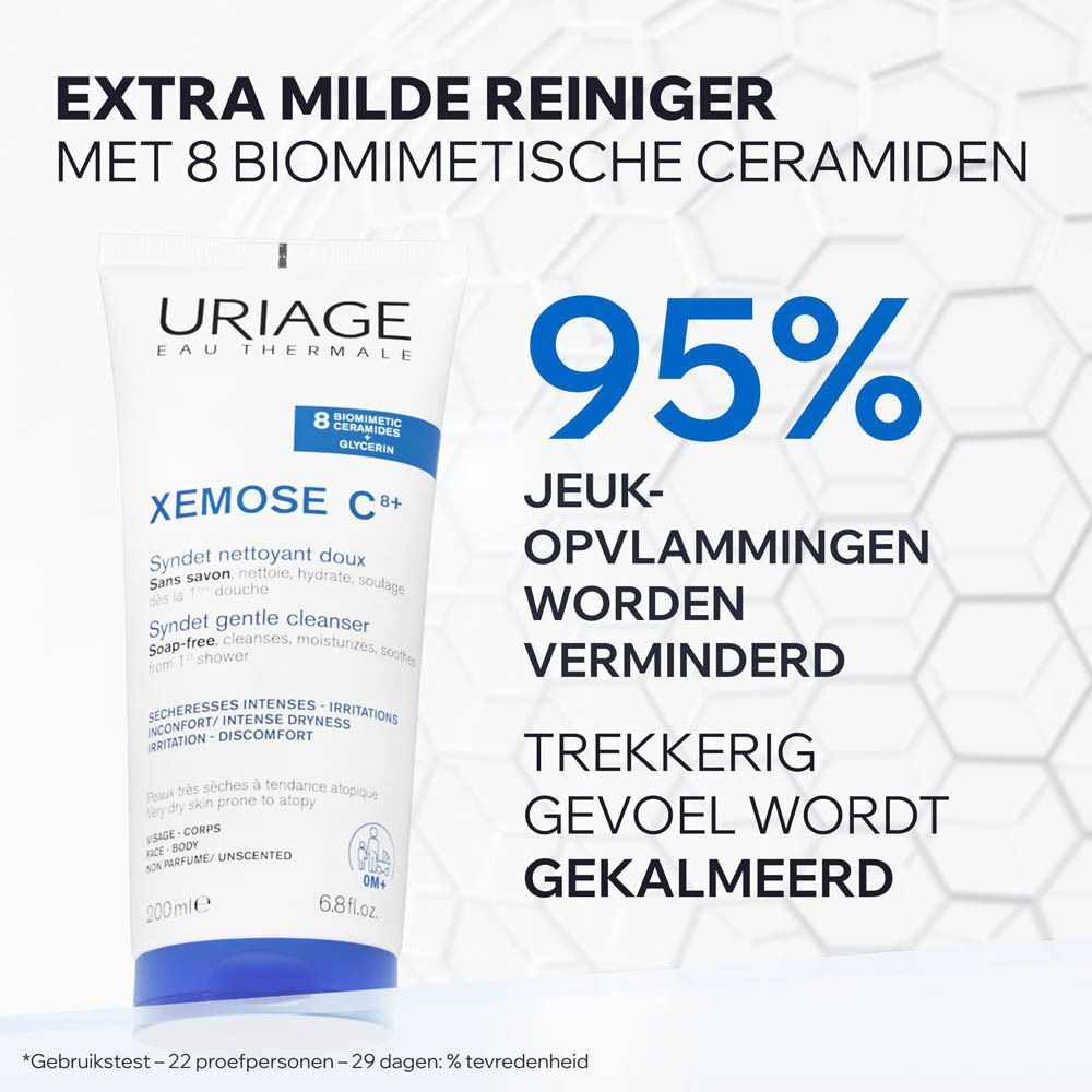 Uriage Xemose C+ Syndet fles, blauw-wit. Tekst: 95% minder jeuk. Extra milde reiniger.
