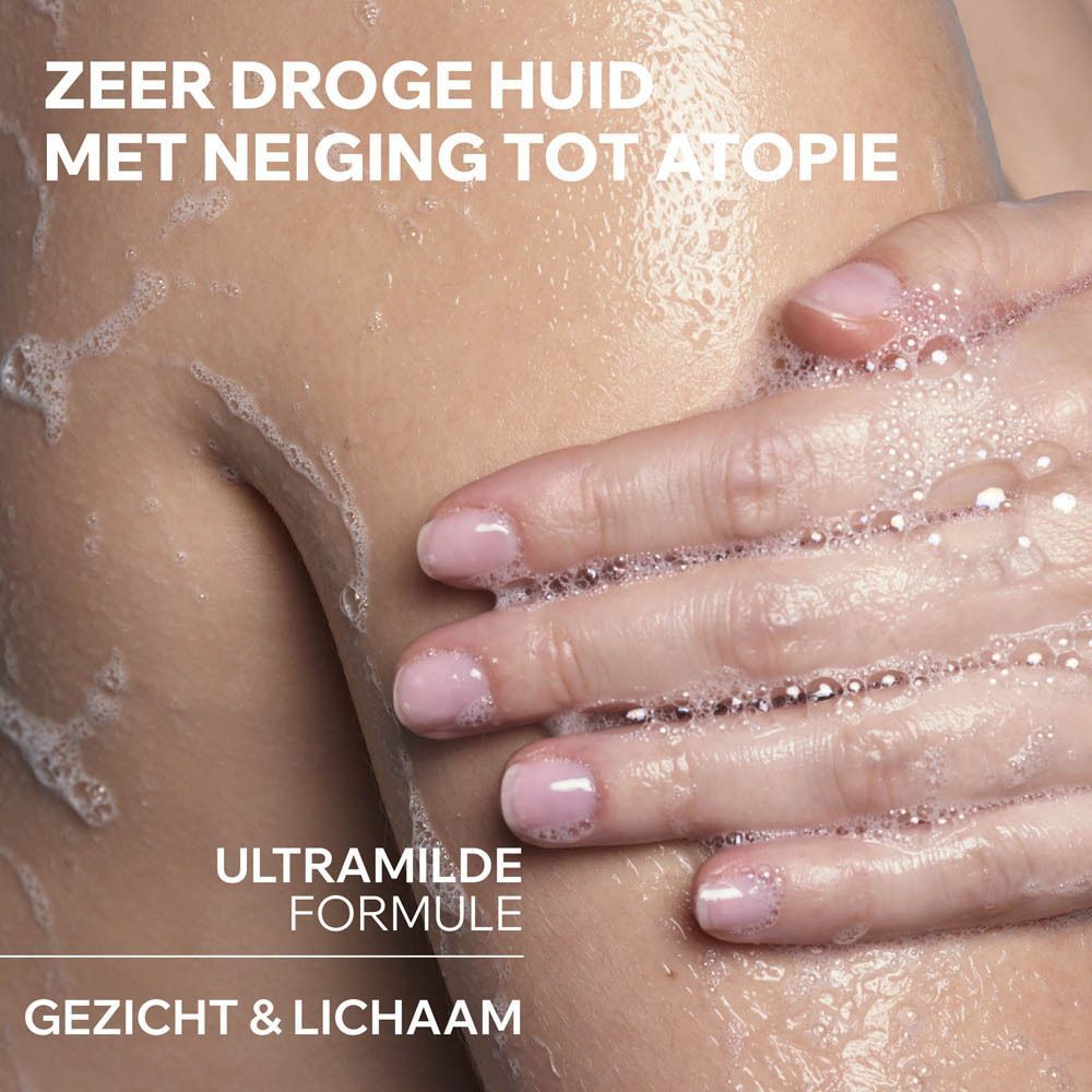 Huid gewassen met zeep. Tekst: Ultrazachte formule. Gezicht & lichaam.
