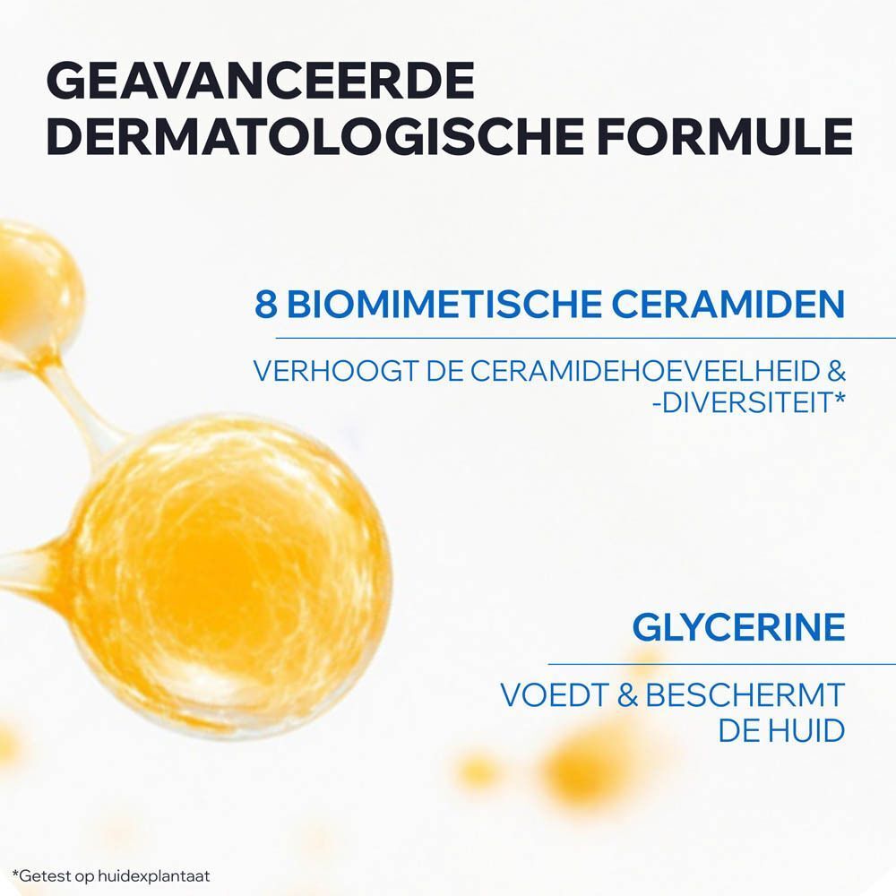 Gele ballen. Tekst: Dermatologische formule. 8 biomimetische ceramiden. Glycerine.