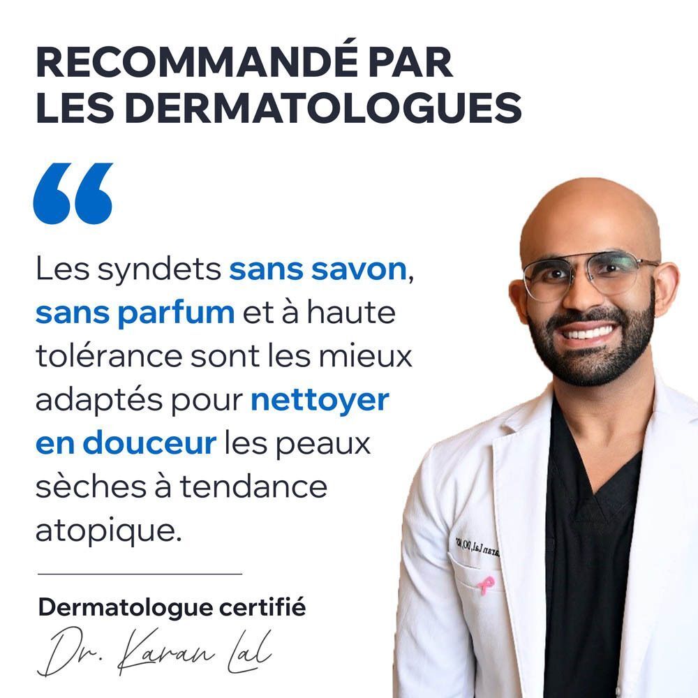 Médecin avec texte. Texte : Recommandé par les dermatologues. Sans savon, sans parfum.