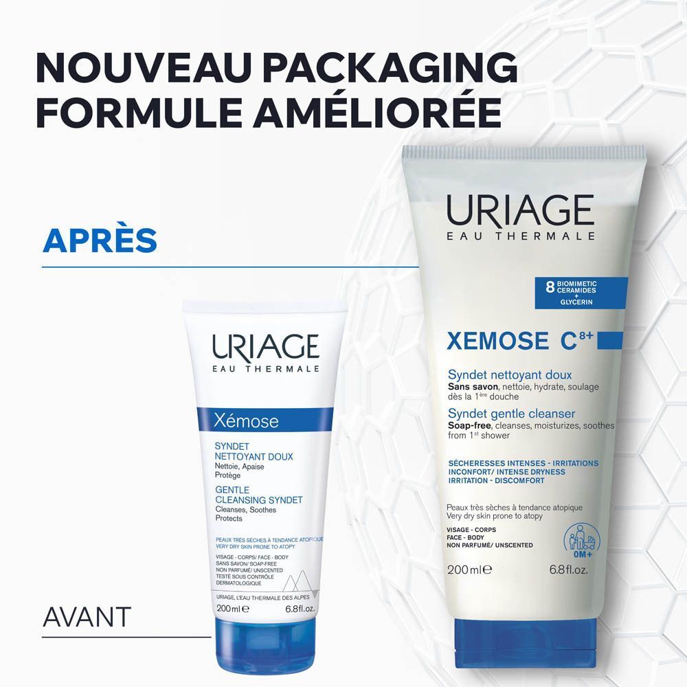 Comparaison avant-après. Uriage Xemose Syndet et Uriage Xemose C+ Syndet.
