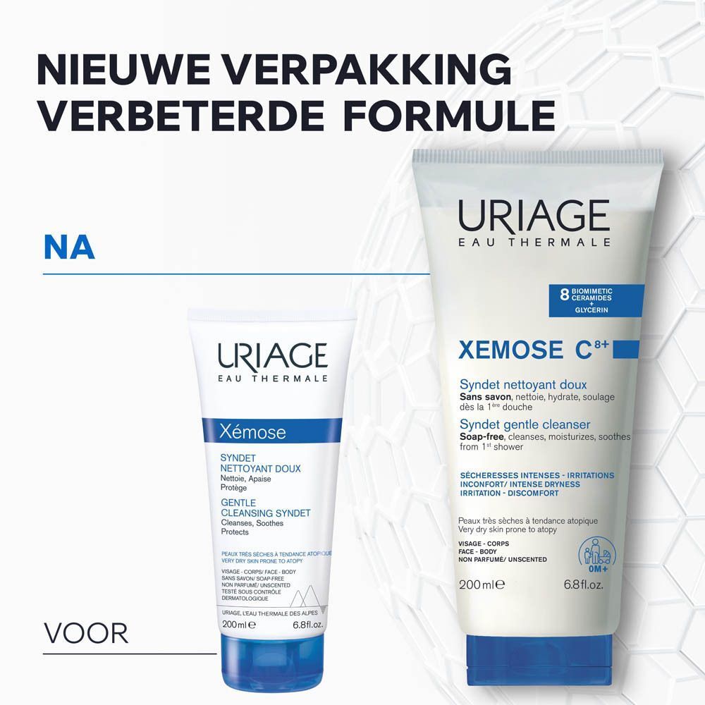 Voor-en-na vergelijking. Uriage Xemose Syndet en Uriage Xemose C+ Syndet.
