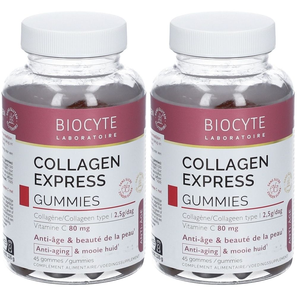 Twee flessen BIOCYTE Collagen Express Gummies. Transparante plastic flessen met witte doppen. Labels met productinformatie en merklogo.