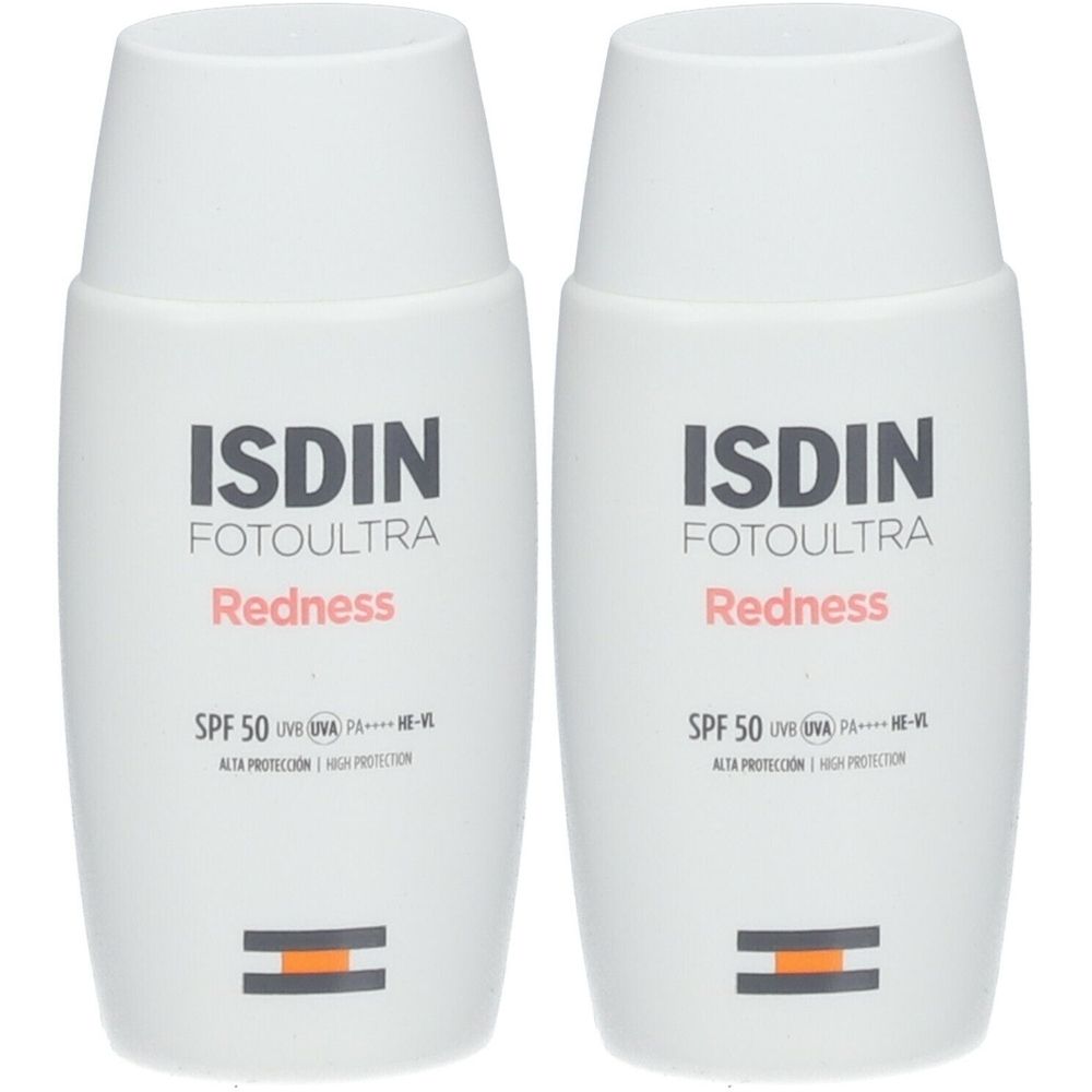 Twee witte flacons ISDIN Fotoultra Redness SPF 50+. Opschrift: Redness, SPF 50, hoge bescherming. Onder, een horizontaal oranje rechthoek.