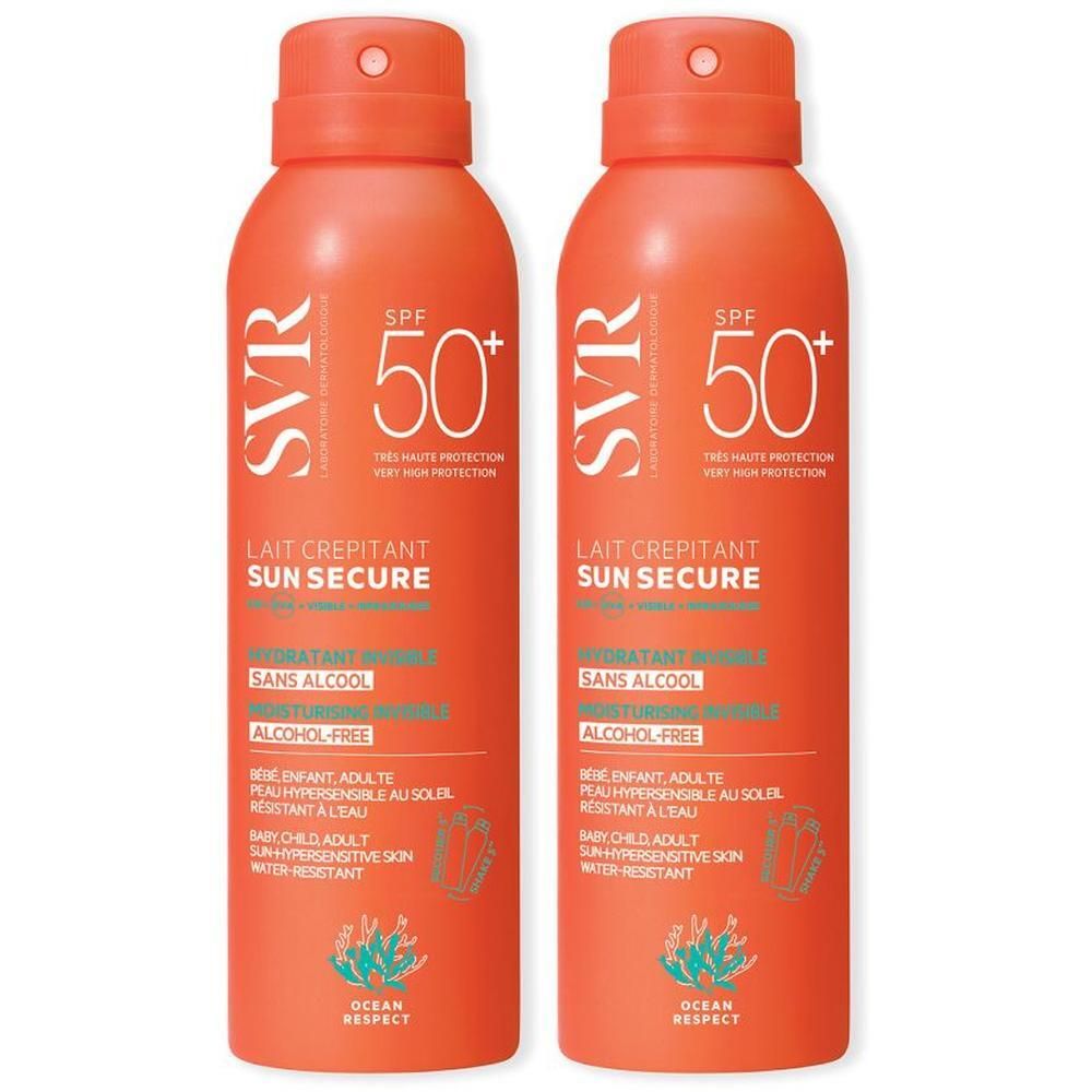 Deux sprays oranges avec bouchon rouge. Inscription: SVR, SPF 50+, SUN SECURE, hydratant invisible, sans alcool.