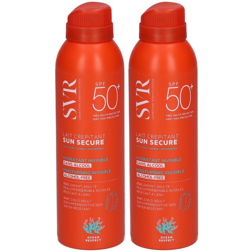 Twee oranje sprays met rode dop. Opschrift: SVR, SPF 50+, SUN SECURE, hydraterend onzichtbaar, alcoholvrij.