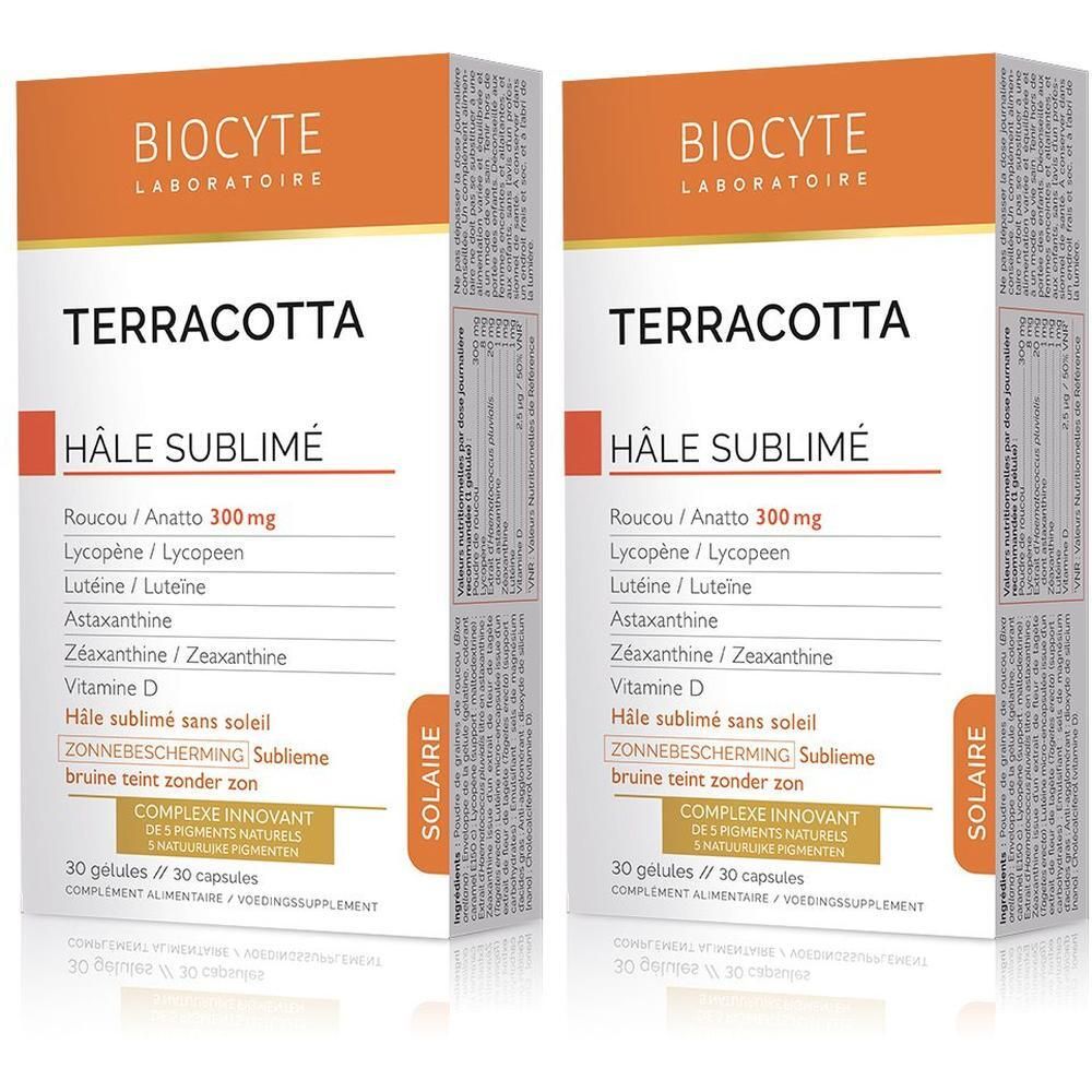 Twee verpakkingen Biocyte Terracotta Cocktail Zelfbruinende Kapsules, 30 capsules per verpakking, met ingrediëntenlijst.