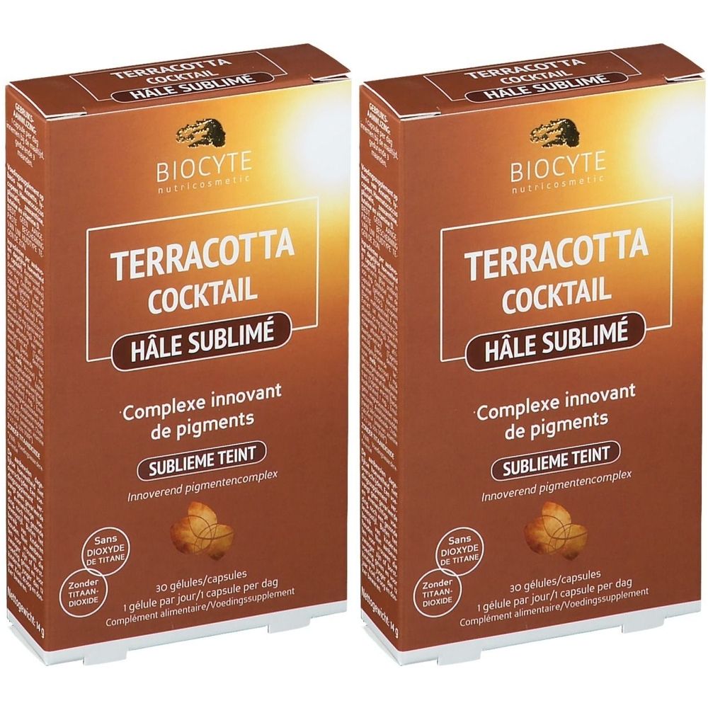 Deux boîtes de Biocyte Terracotta Cocktail Hâle Sublime, 30 gélules par boîte.