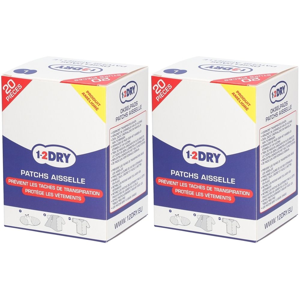 Twee dozen 1-2 DRY okselpads. Opschrift: 20 stuks. Blauw-witte verpakking met productnaam en tekst.