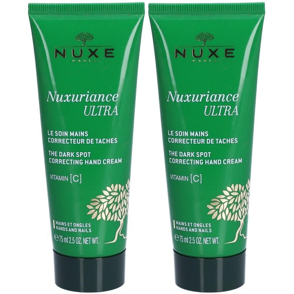 Deux tubes verts de crème pour les mains Nuxe Nuxuriance Ultra. Texte: Nuxe, Nuxuriance Ultra, Le Soin Mains, Correcteur de Taches, Vitamine C.