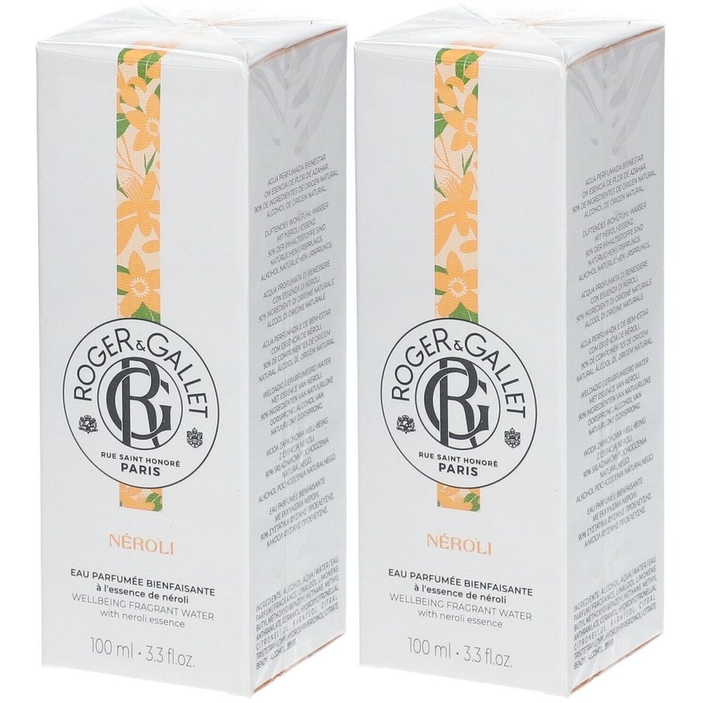 Twee witte dozen met bloemmotief. Opschrift: Roger & Gallet, NÉROLI, Eau Parfumée Bienfaisante, 100 ml.