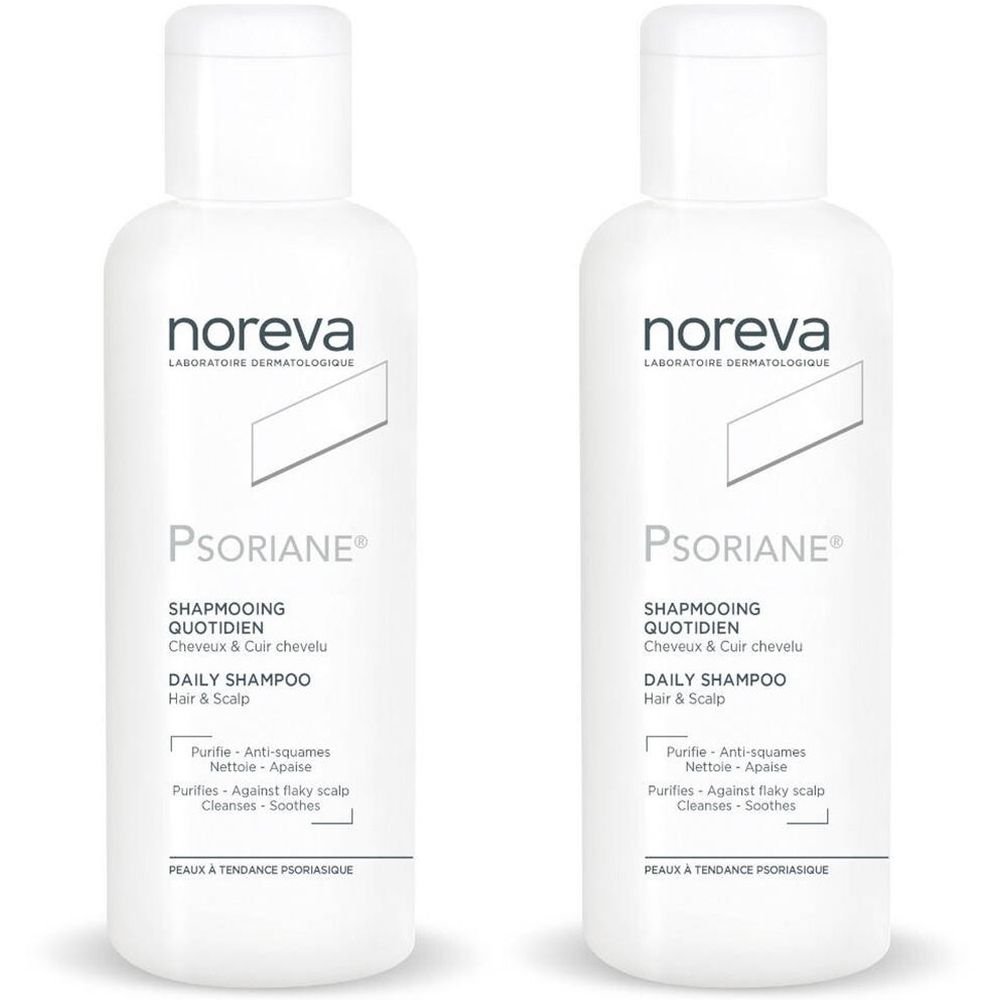 Twee witte shampoo flessen. Op elke fles staat "noreva" en "Psoriane". Tekst: "Shampooing Quotidien", "Daily Shampoo", "Hair & Scalp".