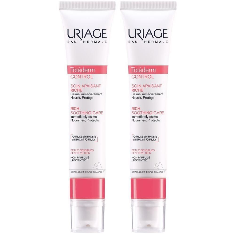Deux tubes de crème Uriage Toléderm CONTROL. Blanc, avec des accents roses. Inscription : Uriage, Toléderm CONTROL.