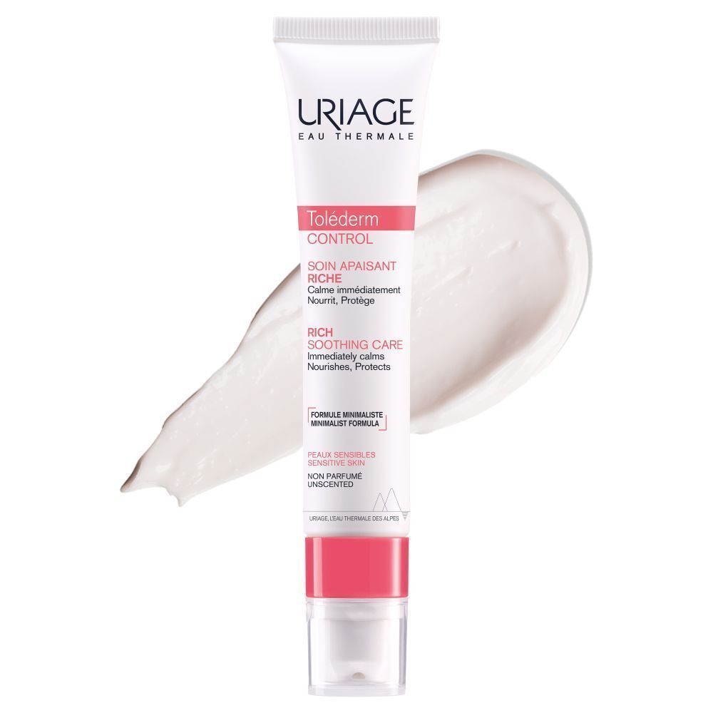 Un tube de crème Uriage Toléderm CONTROL et une noisette de crème. Inscription : Uriage, Toléderm CONTROL.