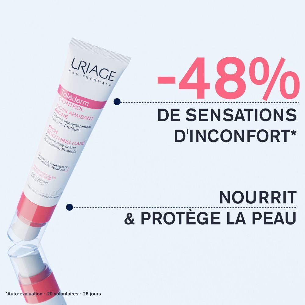 Tube Uriage Toléderm CONTROL. Texte : -48% de sensations d'inconfort, Nourrit & Protège la peau.