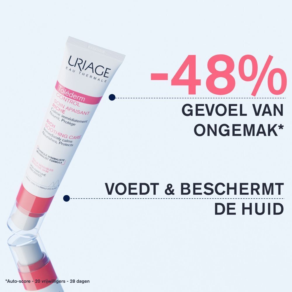 Uriage Toléderm CONTROL tube. Tekst: -48% de sensations d'inconfort, Nourrit & Protège la peau.