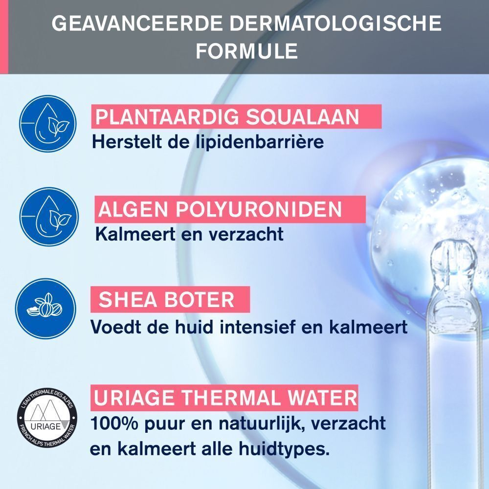Grafiek met ingrediënten. Tekst: Squalane végétal, Polyuronides d'algues, Beurre de karité, Eau thermale.