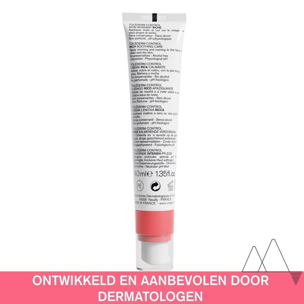 Achterkant van de tube. Tekst: Toléderm CONTROL, 40ml, ontwikkeld en aanbevolen door dermatologen.