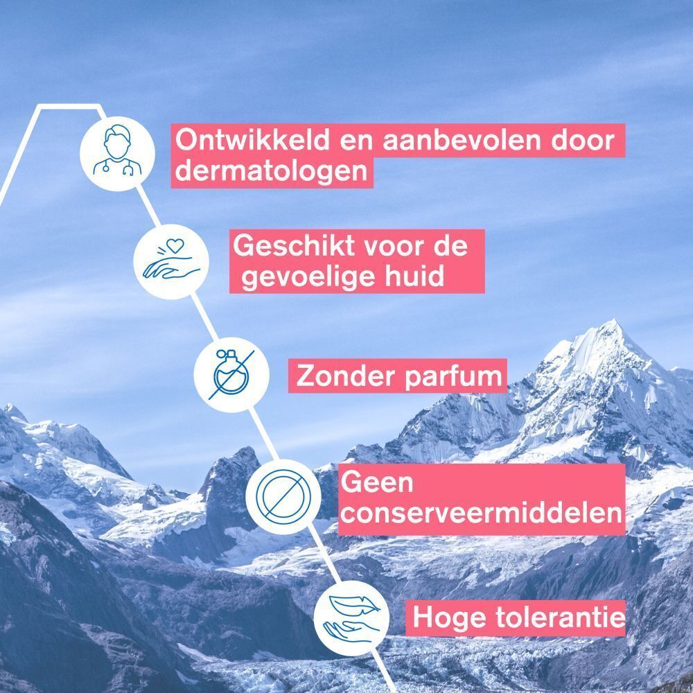 Grafiek met tekst. Tekst: Ontwikkeld en aanbevolen door dermatologen, Voor de gevoelige huid, Zonder parfum.