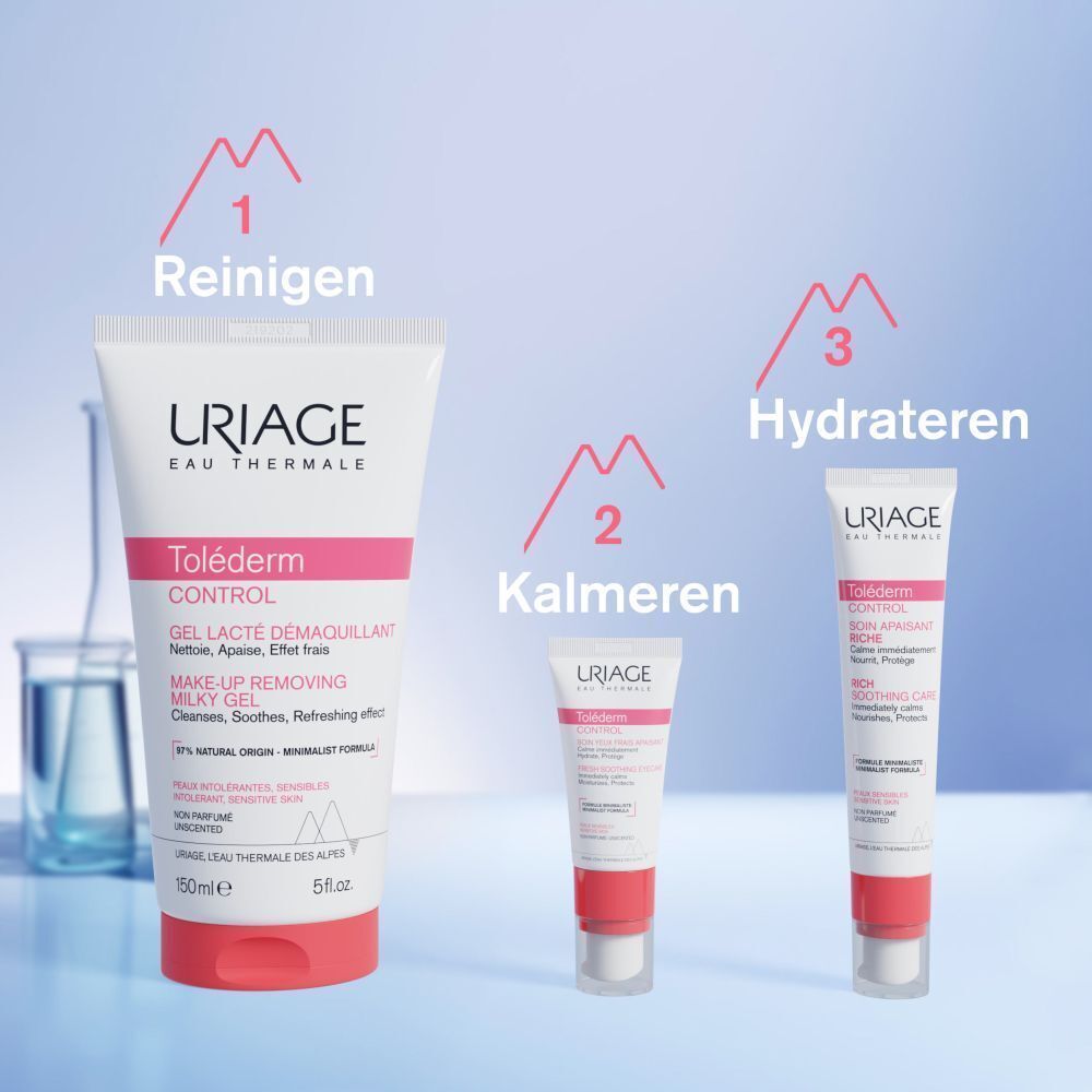 Drie producten. Tekst: Reinigen, Kalmeren, Hydrateren. Uriage Toléderm CONTROL.