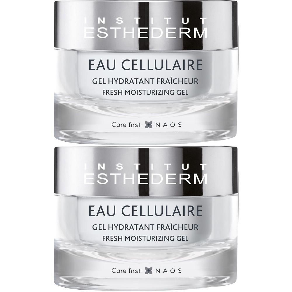 Deux pots avec couvercles argentés. Inscription: Institut Esthederm, Eau Cellulaire, Gel Hydratant Fraîcheur, Fresh Moisturizing Gel.