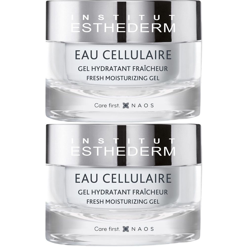 Twee potten met zilveren deksels. Opschrift: Institut Esthederm, Eau Cellulaire, Gel Hydratant Fraîcheur, Fresh Moisturizing Gel.