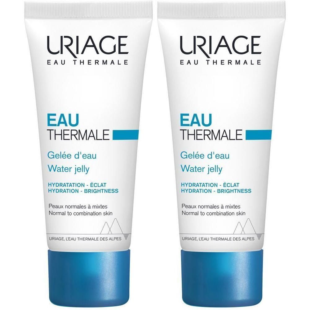 Twee tubes Uriage Eau Thermale Gelée d'eau. Wit, blauwe dop. Tekst: Eau Thermale, Water Jelly.