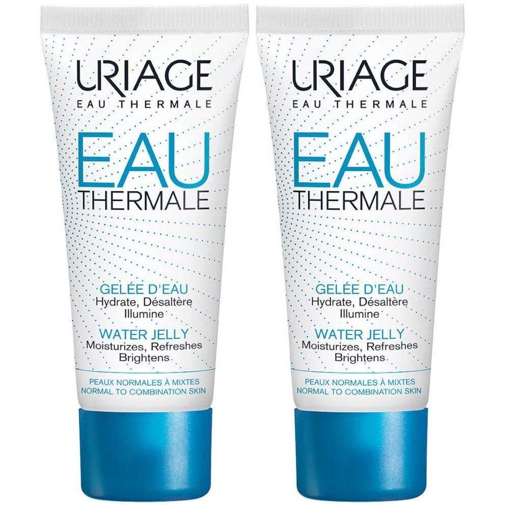 Twee tubes Uriage Eau Thermale Gelée d'eau. Wit, blauwe dop. Tekst: Eau Thermale, Water Jelly.