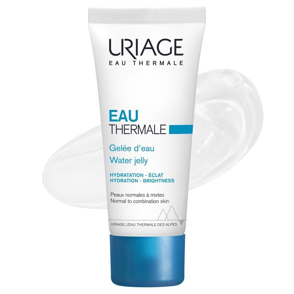 Un tube de Uriage Eau Thermale Gelée d'eau. Blanc, bouchon bleu. Texte: Eau Thermale, Water Jelly.