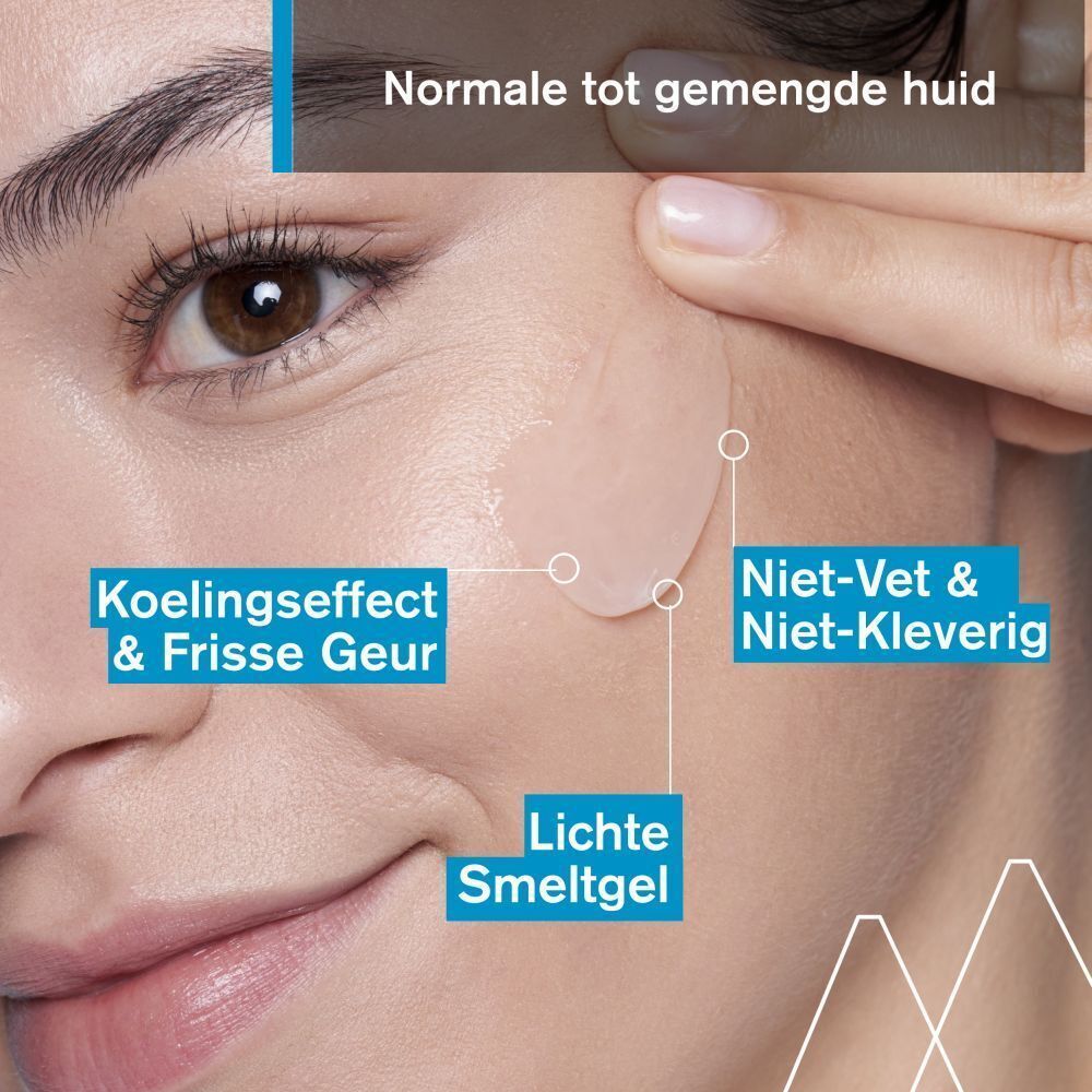 Gezicht met transparante gel. Tekst: Koelingseffect & Frisse Geur, Niet-Vet & Niet-Kleverig, Lichte Smeltgel.