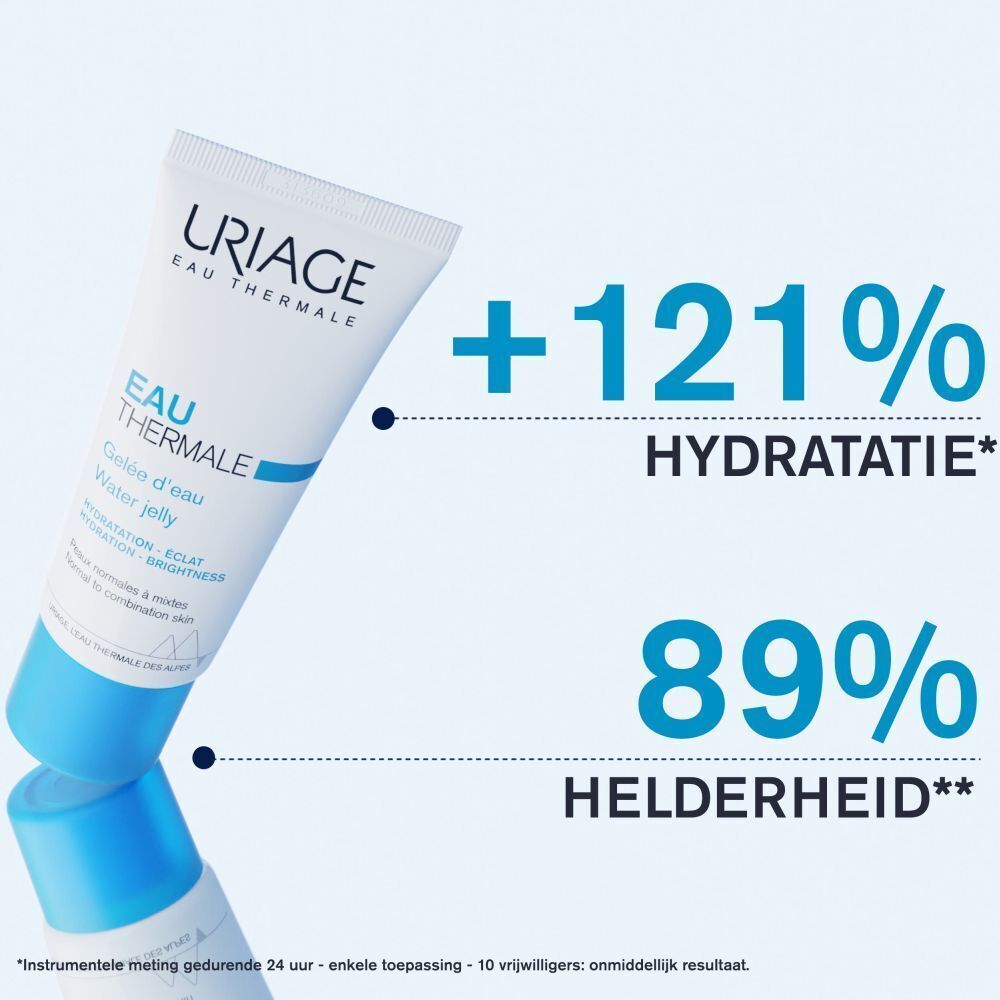 Tube Uriage Eau Thermale Gelée d'eau. Tekst: +121% hydratatie, 89% helderheid.