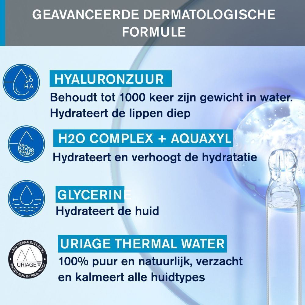 Infographic met ingrediënten. Tekst: Hyaluronzuur, H2O COMPLEX + AQUAXYL, Glycerine, Uriage Thermal Water.