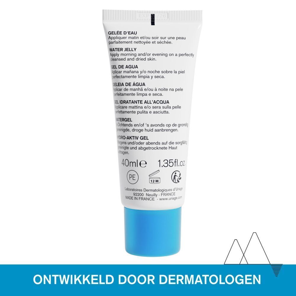 Achterkant tube Uriage Gelée d'eau. Tekst: Gelée d'eau, Water Jelly, 40ml, 1.35 fl.oz.