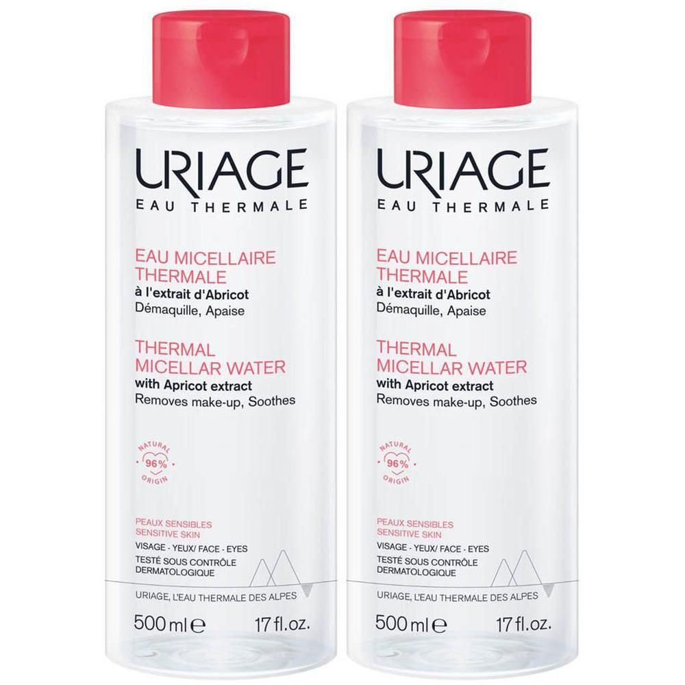Twee flessen Uriage Eau Thermale Micellaire met roze dop. Bevat abrikozenextract. Voor de gevoelige huid.