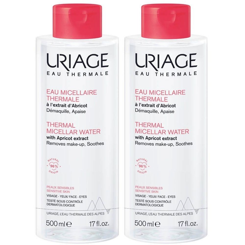 Twee flessen Uriage Eau Thermale Micellaire met roze dop. Bevat abrikozenextract. Voor de gevoelige huid.