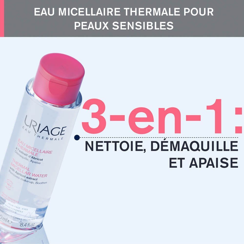 Flacon Uriage Eau Micellaire Thermale, bouchon rose. Texte : Nettoie, démaquille et apaise. 3-en-1.
