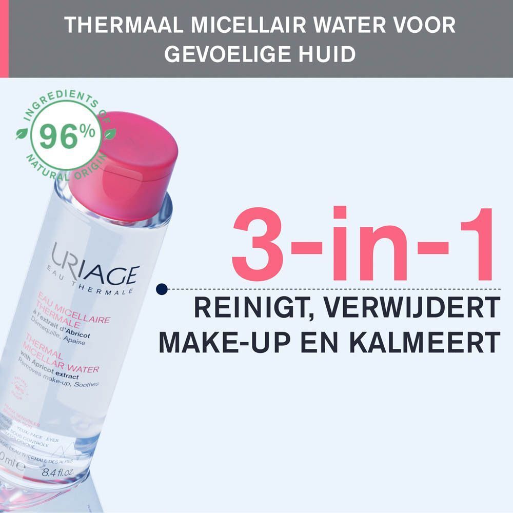 Fles Uriage Eau Micellaire Thermale met roze dop. Tekst: Reinigt, verwijdert make-up en kalmeert. 3-in-1.