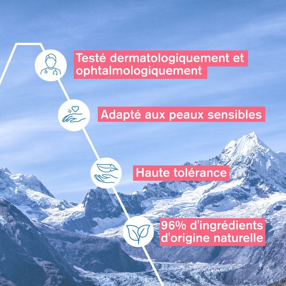 Graphique avec texte : Testé dermatologiquement et ophtalmologiquement. Adapté aux peaux sensibles. Haute tolérance. 96% ingrédients naturels.