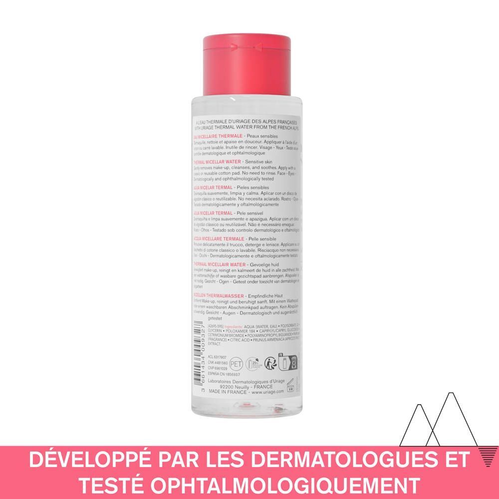 Dos du flacon Uriage Eau Micellaire Thermale. Texte : Développé par les dermatologues et testé ophtalmologiquement.