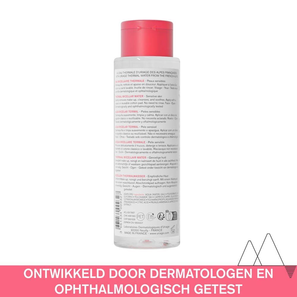 Achterkant van de fles Uriage Eau Micellaire Thermale. Tekst: Ontwikkeld door dermatologen en oftalmologisch getest.