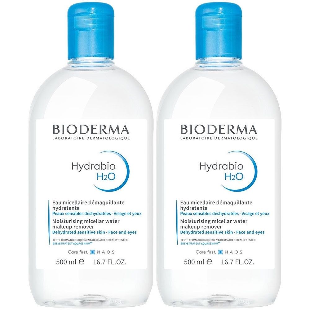 Twee flessen met blauwe dop. Opschrift: BIODERMA, Hydrabio H2O. Voor gevoelige huid. 500 ml.