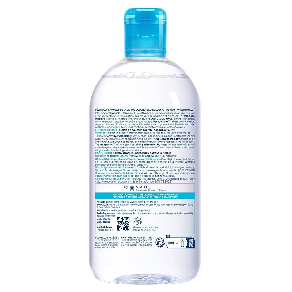 Achterkant van een fles met blauwe dop. Opschrift: BIODERMA, Hydrabio H2O. Tekst in meerdere talen.