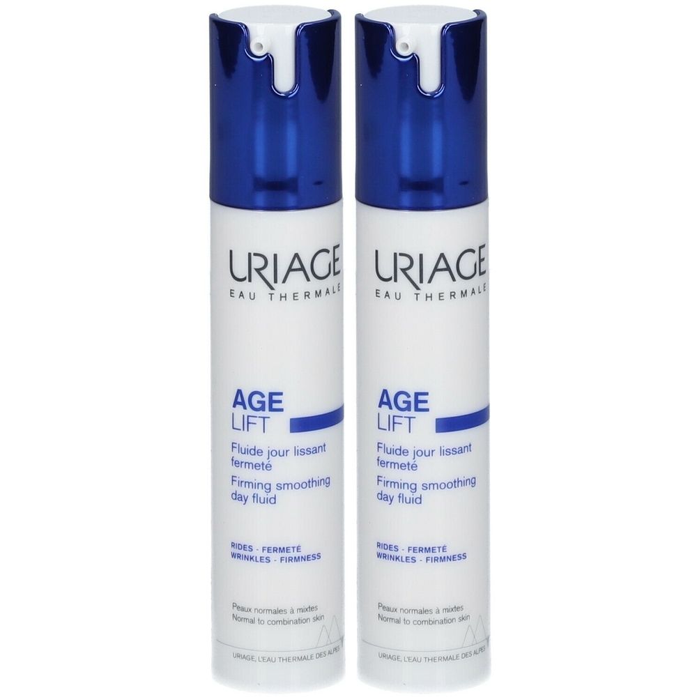 Deux flacons Uriage Age Lift Fluide Jour Lissant Fermeté. Flacons blancs avec bouchon bleu. Texte sur le flacon.