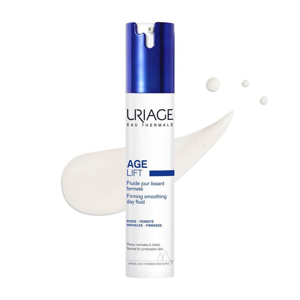 Een fles Uriage Age Lift Fluide Jour Lissant Fermeté. Witte fles met blauwe dop. Product en crème.