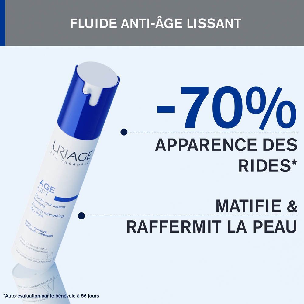 Uriage Age Lift Fluide Jour Lissant Fermeté. Flacon avec bouchon bleu. Texte : -70% Apparence des rides.