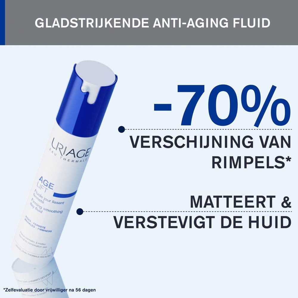 Uriage Age Lift Fluide Jour Lissant Fermeté. Fles met blauwe dop. Tekst: -70% Verschijning van rimpels.