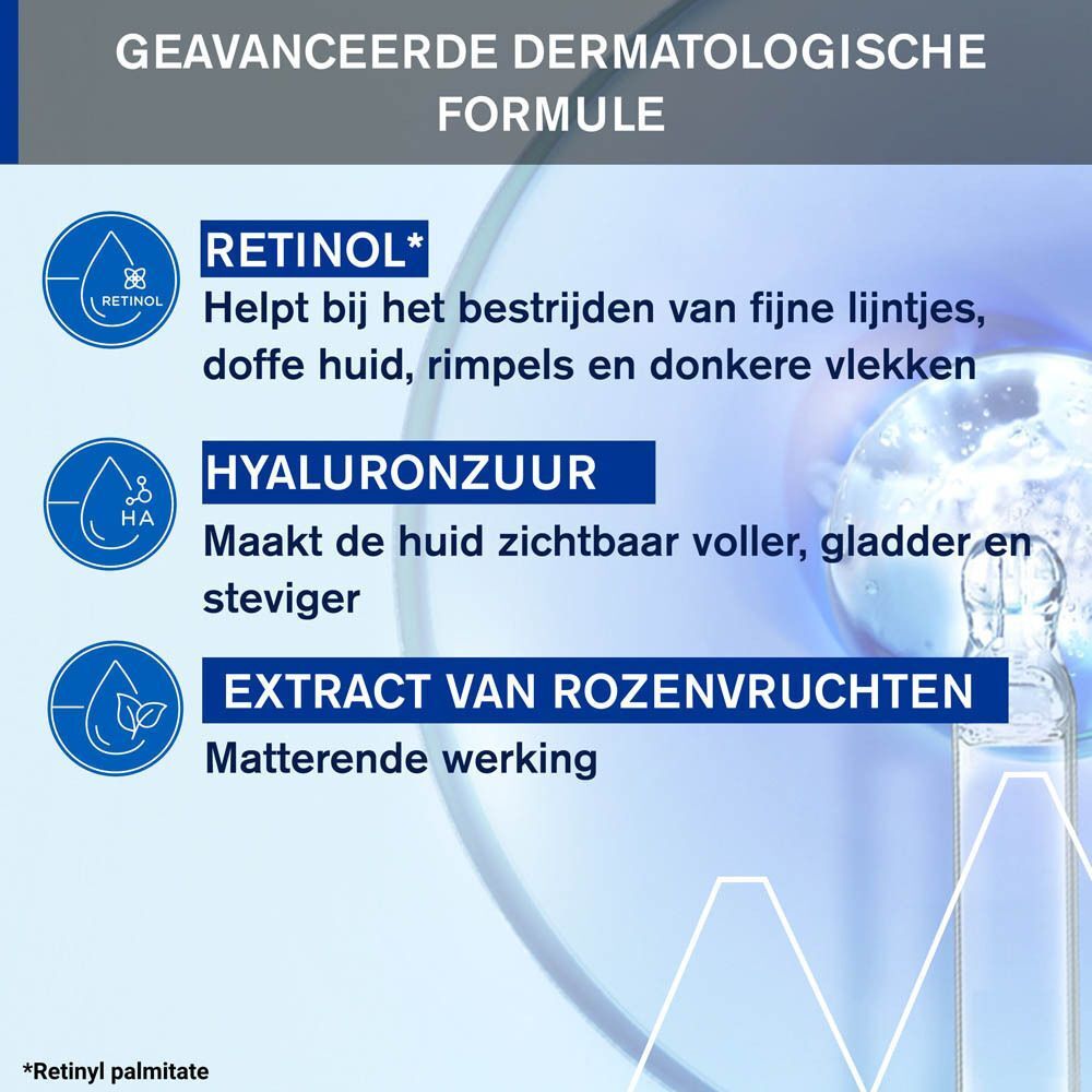 Grafiek met ingrediënten: Retinol, Hyaluronzuur, Extract van rozenvruchten. Tekst: Geavanceerde dermatologische formule.