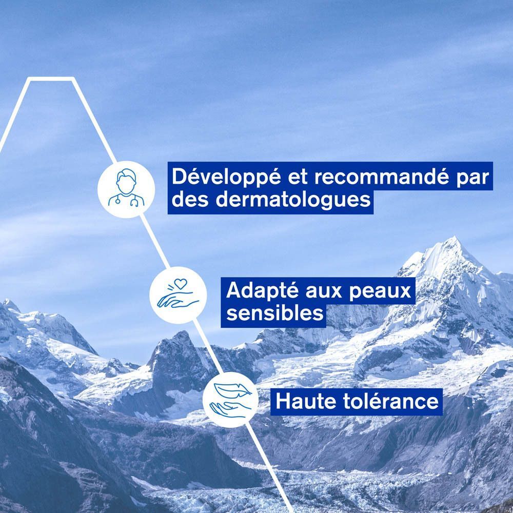 Graphique avec texte : Développé et recommandé par des dermatologues, Adapté aux peaux sensibles, Haute tolérance.
