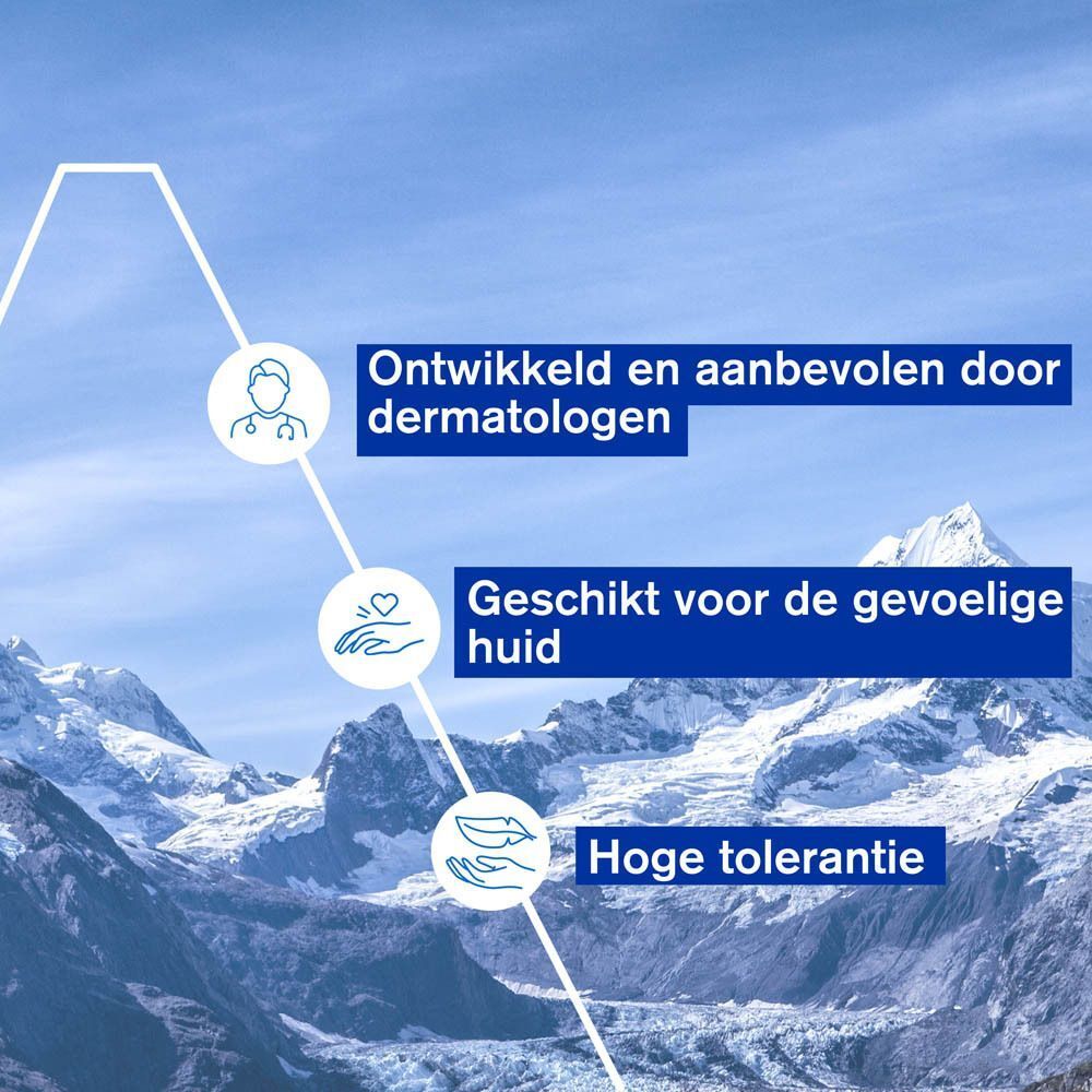 Grafiek met tekst: Ontwikkeld en aanbevolen door dermatologen, Geschikt voor de gevoelige huid, Hoge tolerantie.